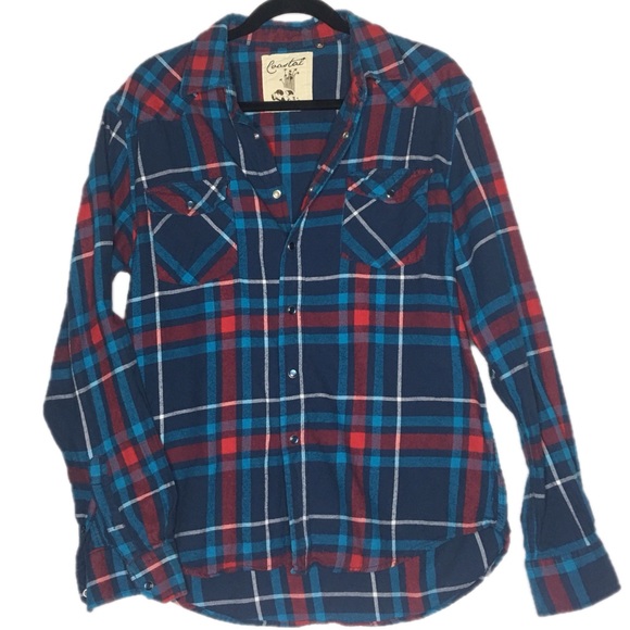 Coastal Tops - XL Blue White Red Boyfriend Flannel 90s Button
